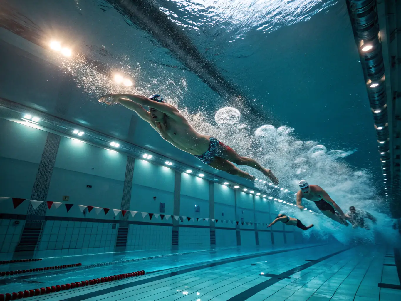 A dynamic image showcasing a competitive swimming event, with swimmers racing in a pool, capturing the intensity and excitement of the sport.