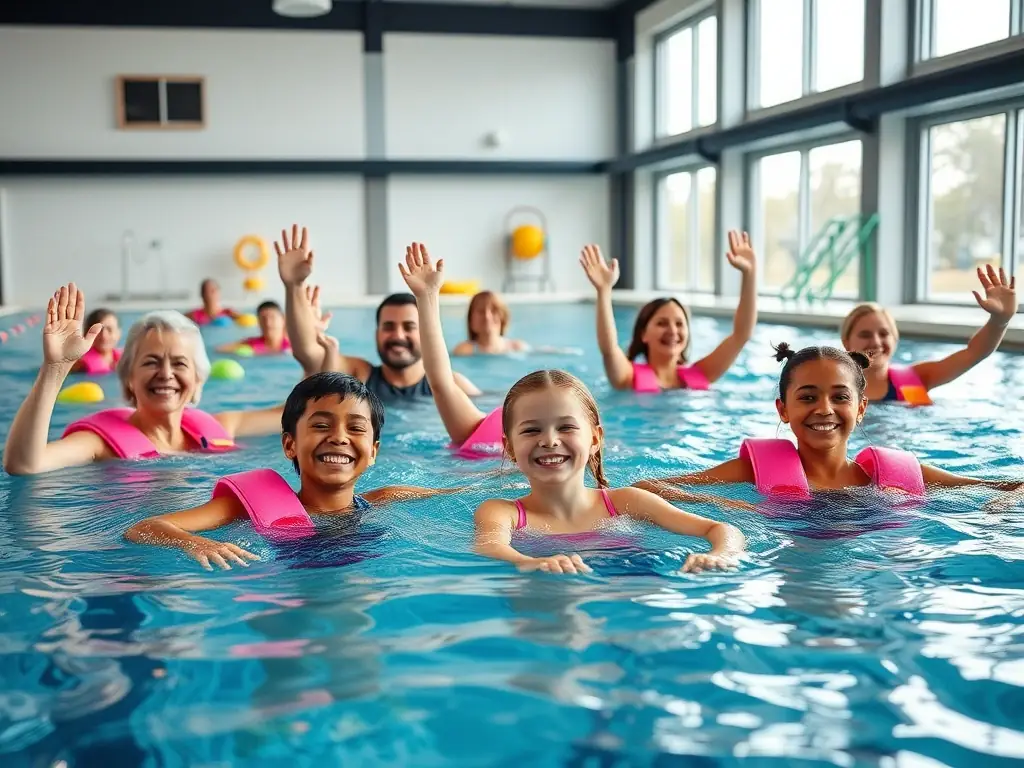 An image depicting a health-focused aquatic therapy session, with participants performing exercises in the water under the guidance of an instructor.